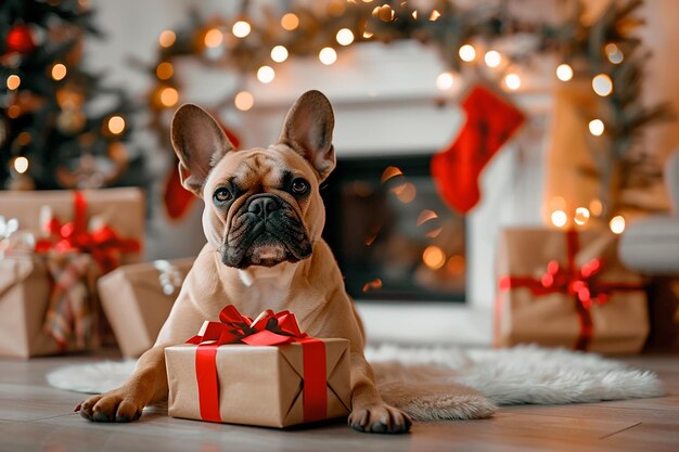 Photo a dog with a gift in front of a christmas tree