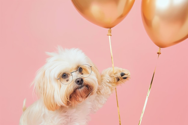 dog with glasses and balloons Celebrating birthday