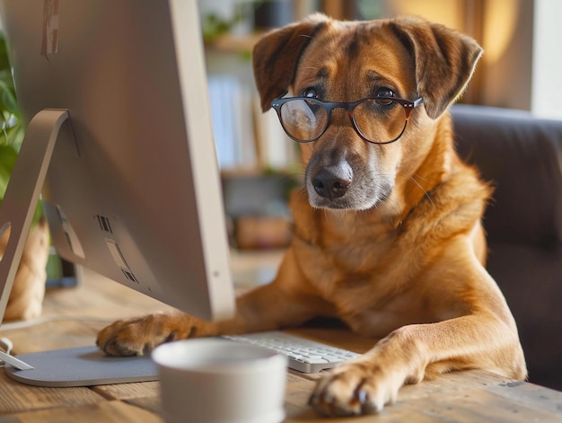 Dog with Glasses at Computer Desk