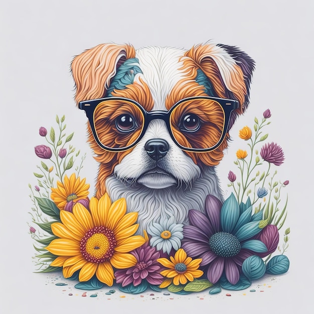 A dog with glasses and a flower head