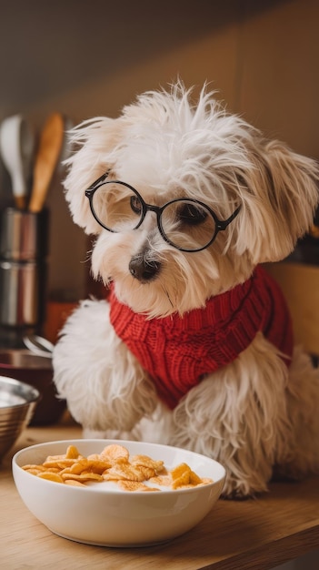 A dog with glasses has breakfast with corn flakes and milk