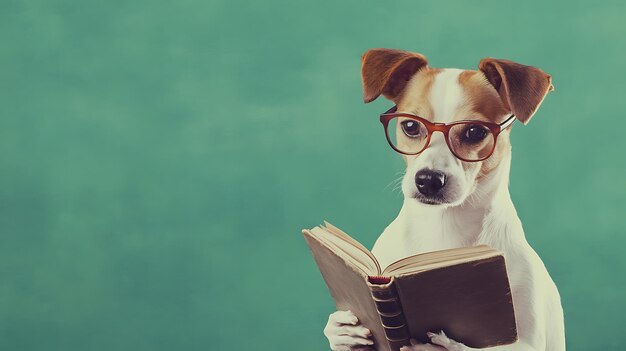 Photo dog with glasses reading a book green background whimsical banner