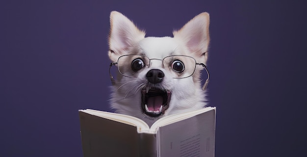 Photo a dog with glasses reading a book with a purple background