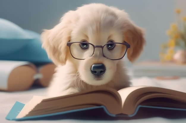 A dog with glasses reading a book