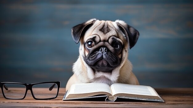 Photo a dog with glasses reads a book closeup of the head