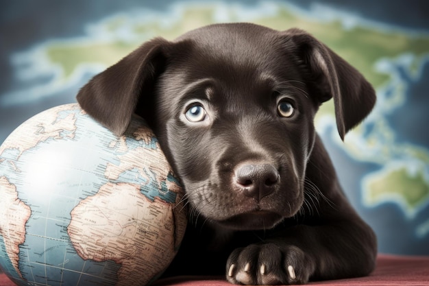 A dog with a globe on its head