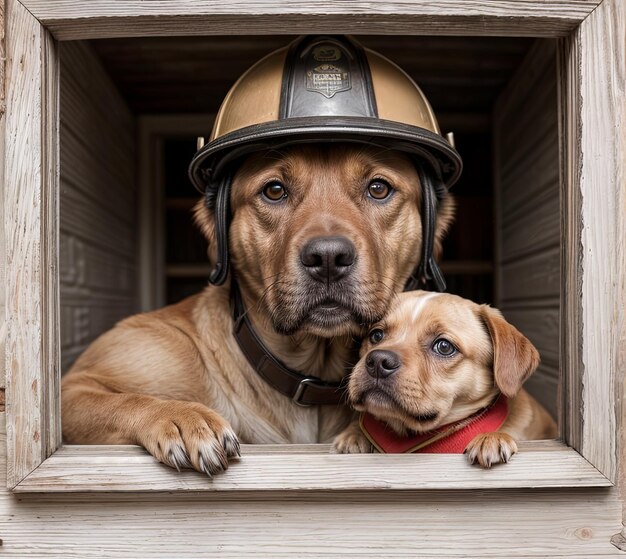 Dog with goggles and helmet gazes out window next to another dog