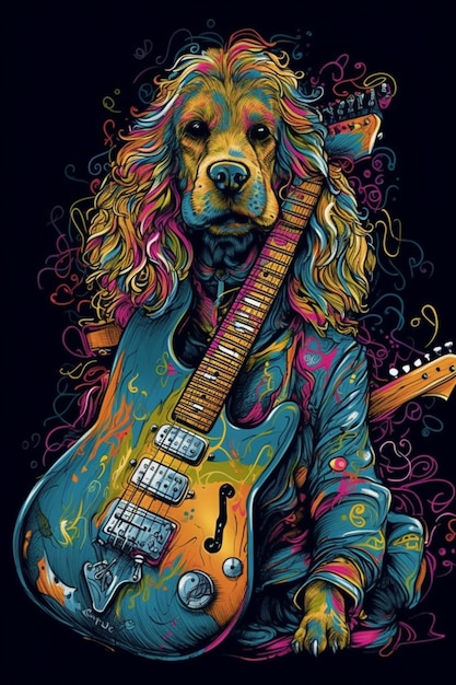 A dog with a guitar on his neck is sitting in front of a black background.