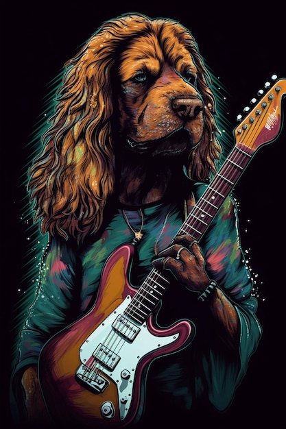 A dog with a guitar is playing a guitar.