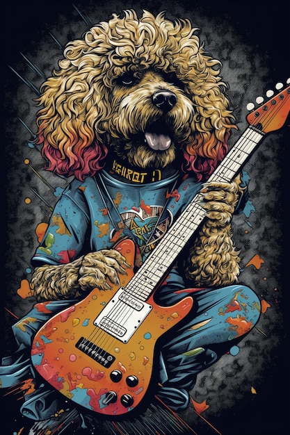 A dog with a guitar is sitting in front of a dark background.