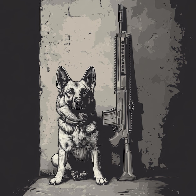 a dog with a gun and a gun in front of it