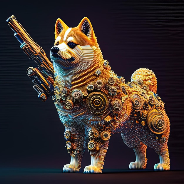 A dog with a gun on its back is made of gold beads.