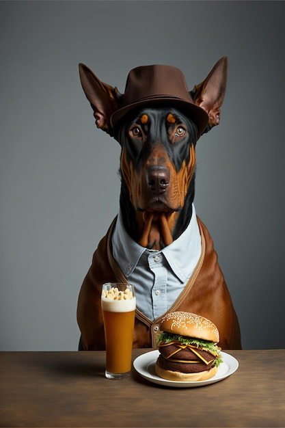 A dog with a hamburger and a hat sits at a table with a plate of food.