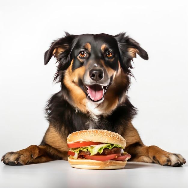 A dog with a hamburger