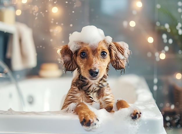 Photo a dog with a hat on its head is sitting in a bathtub