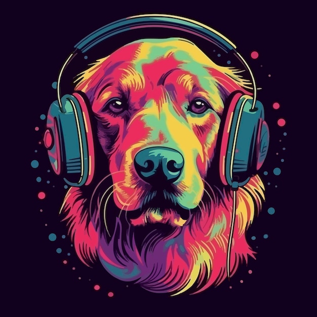 Dog with headphones on a dark background