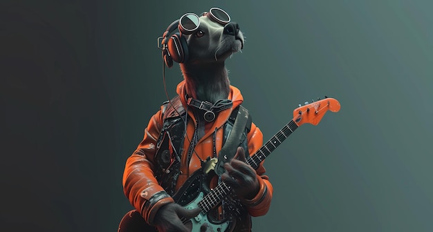 a dog with headphones and a guitar