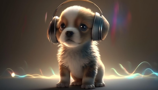 A dog with headphones on is sitting in front of a colorful background.