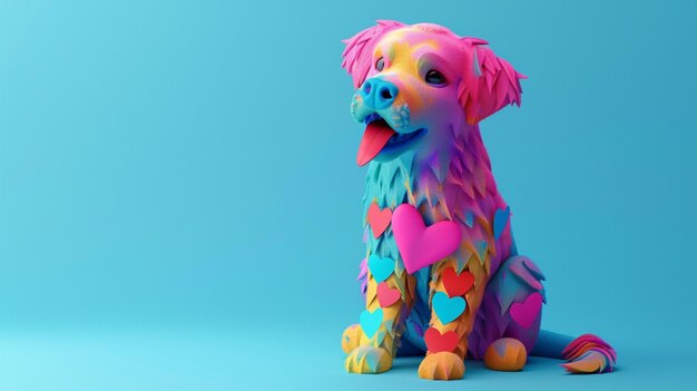 a dog with a heart on its chest sits on a blue background