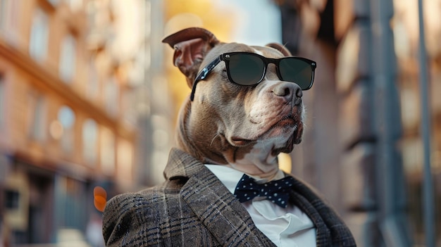 Photo a dog with impeccable style wearing sunglasses and a suit