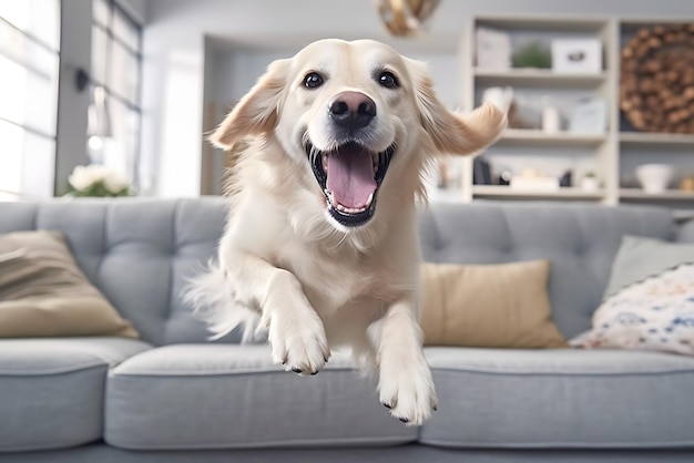 A dog with its mouth open on a couch with a white background.