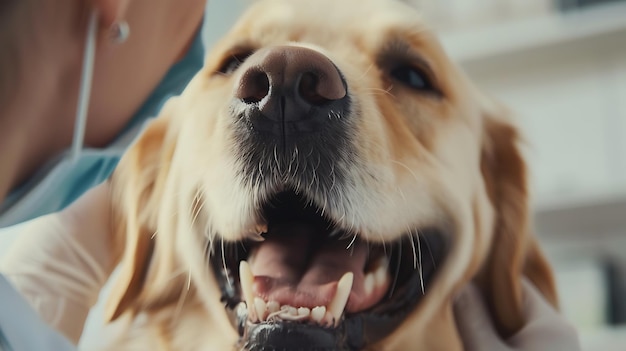 a dog with its mouth open and a person holding a bone