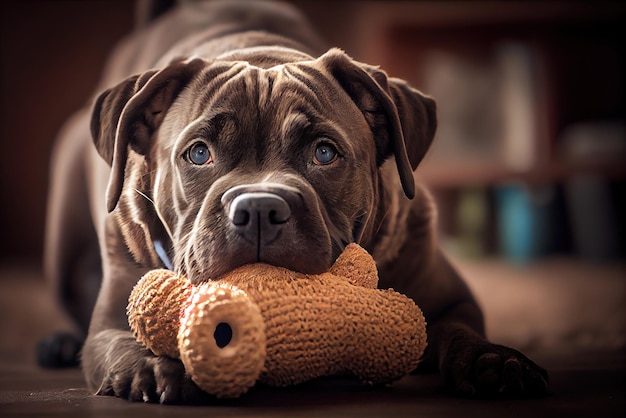 A dog with a knitted toy in its mouth