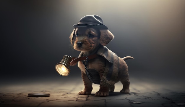 A dog with a lantern and a hat