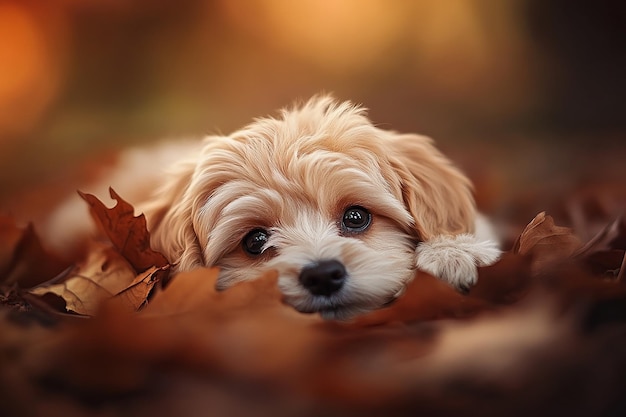 a dog with a leaf in its mouth is lying on a blanket