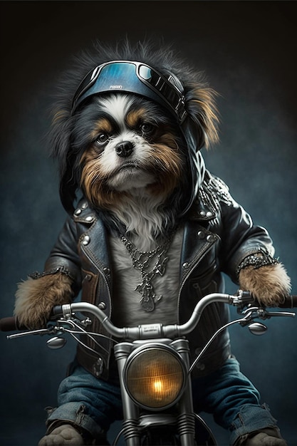 A dog with a leather jacket and a leather jacket sits on a motorcycle.