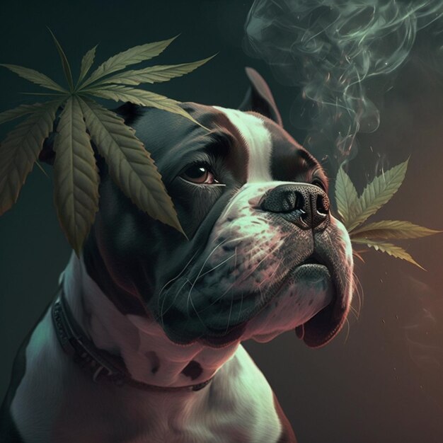 A dog with leaves on his face is in a dark room ai generated