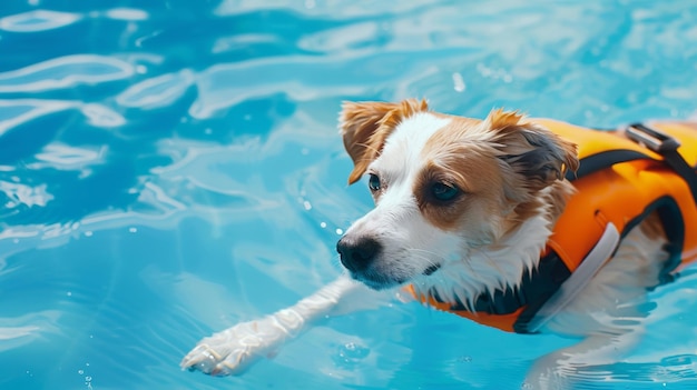 Dog with life vest enjoying a swim in a pool keeping cool and safe