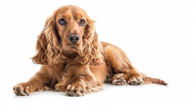 Photo a dog with long hair is lying on a white background