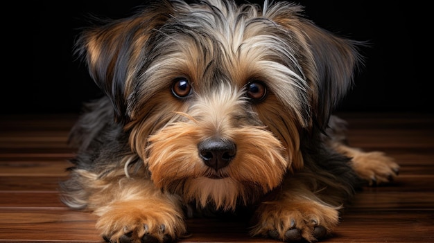 a dog with long hair sits on a wooden table.