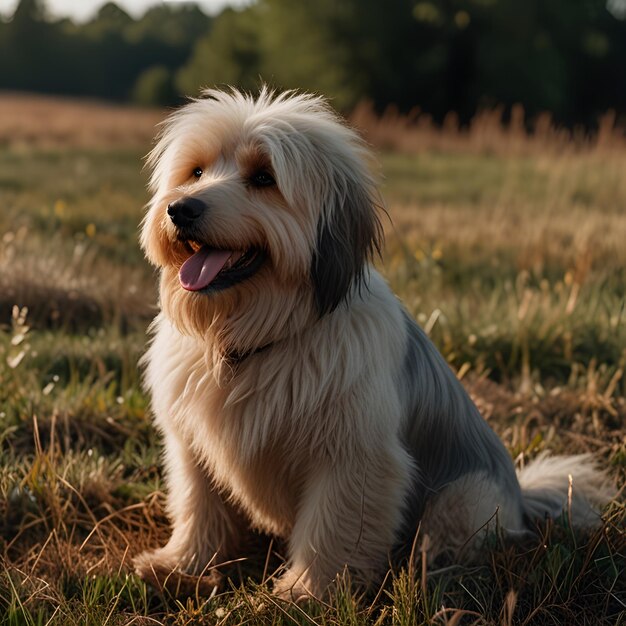 a dog with a long haircut sitting in a field