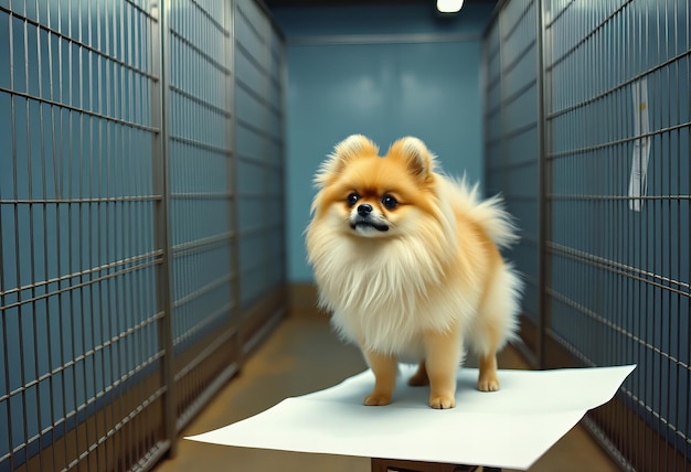 Photo a dog with a long tail stands on a table in a dog kennel