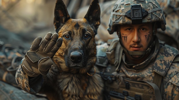 a dog with a military uniform and a man with a military uniform that says  army