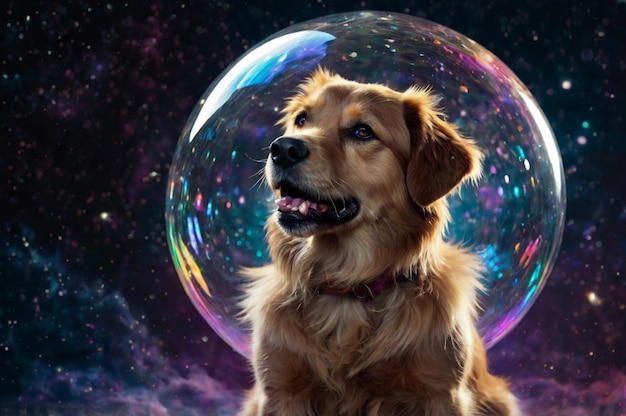 Dog with Nebula Galaxy Bubbles in a Surreal Cosmic Scene