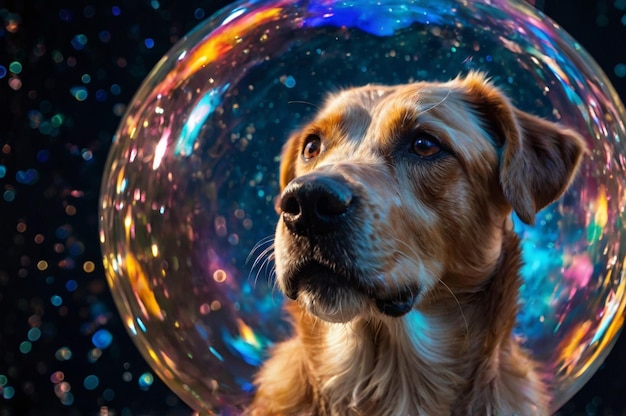 Dog with Nebula Galaxy Bubbles in a Surreal Cosmic Scene