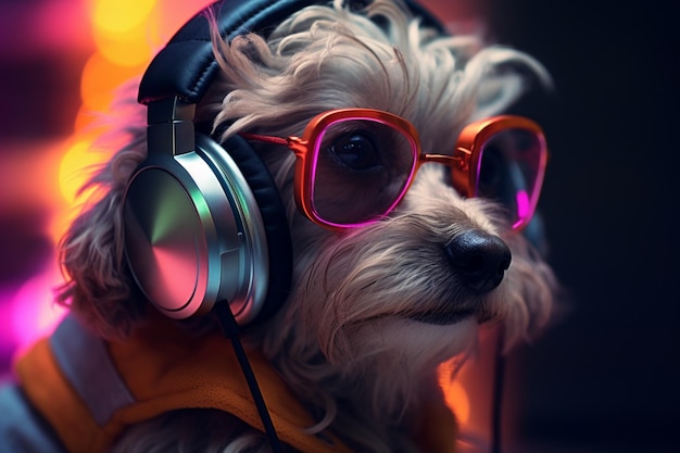 A dog with neon neon earbuds in the style of futuristic robots