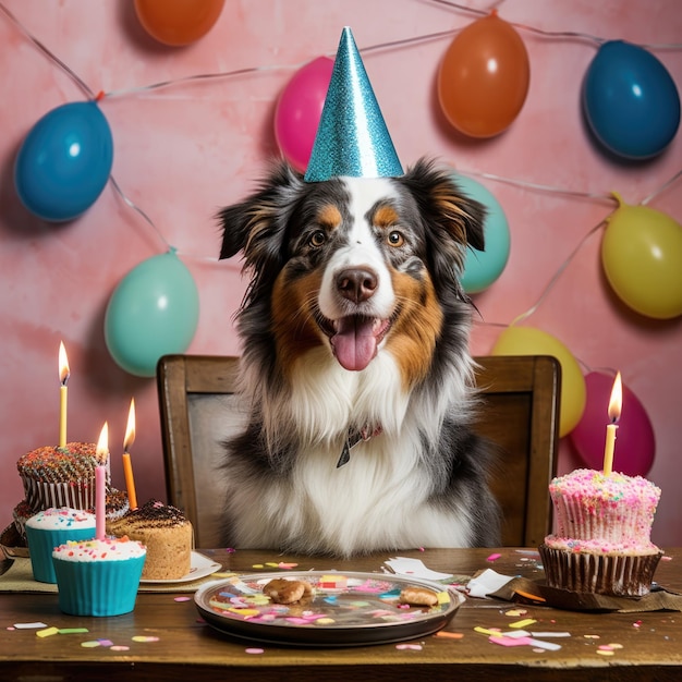 Dog with a party hat at a birthday party Australian Shepherd