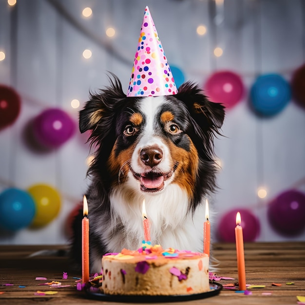 Dog with a party hat at a birthday party Australian Shepherd