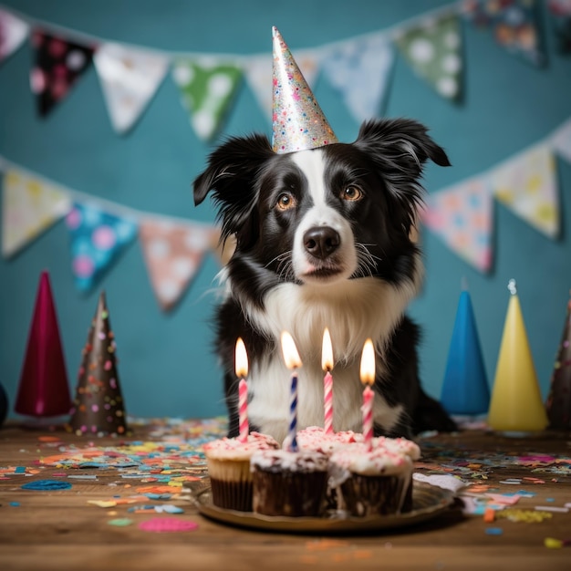 Dog with a party hat at a birthday party Border Collie