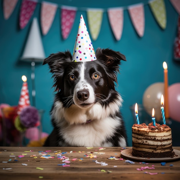 Dog with a party hat at a birthday party border collie