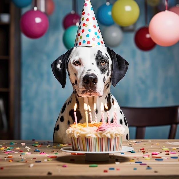 Dog with a party hat at a birthday party Dalmatian