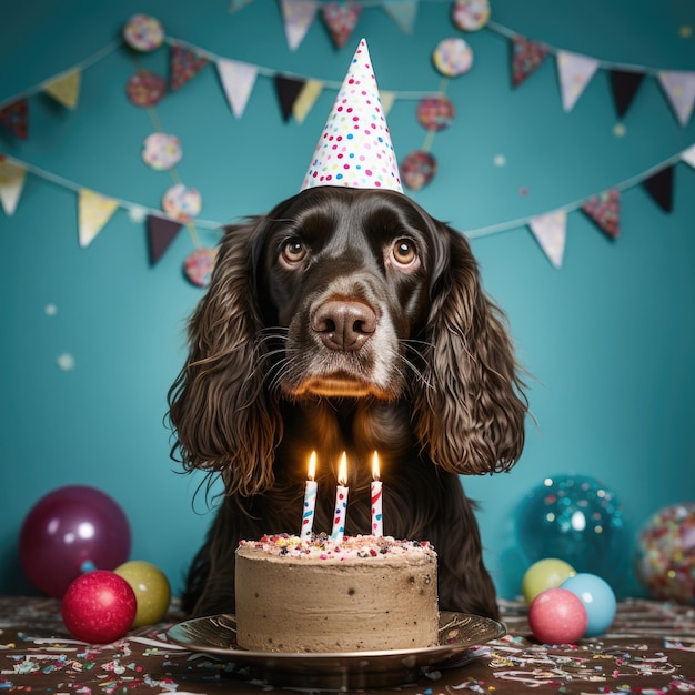 Dog with a party hat at a birthday party English cocker spaniel