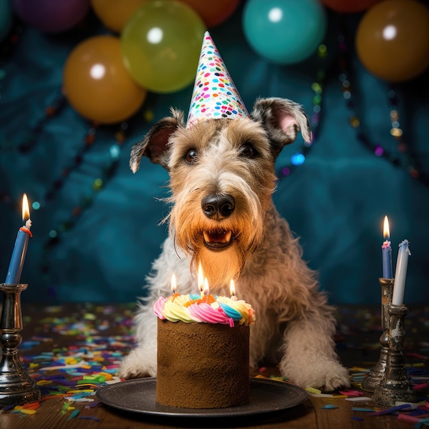 Dog with a party hat at a birthday party fox terrier