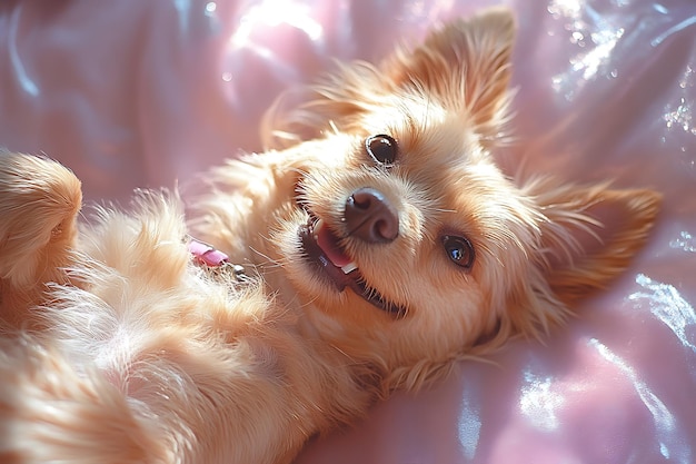 a dog with a pink collar is laying on a pink blanket