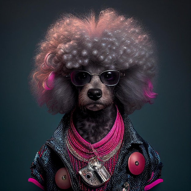 A dog with a pink necklace and sunglasses is wearing a jacket that says'camera'on it.