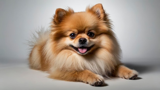 Photo a dog with a pink tongue sticking out is laying on a gray surface